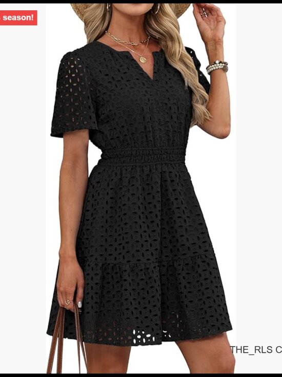 Dresses & Skirts - V-Neck Eyelet Lace A-Line Short Dress, 80% Polyester 20% Cotton